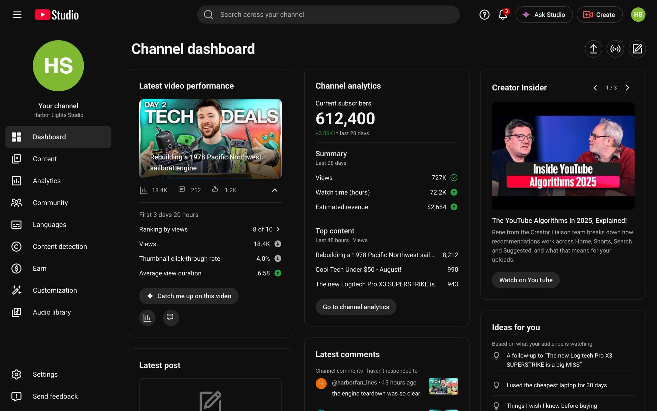 YouTube dashboard